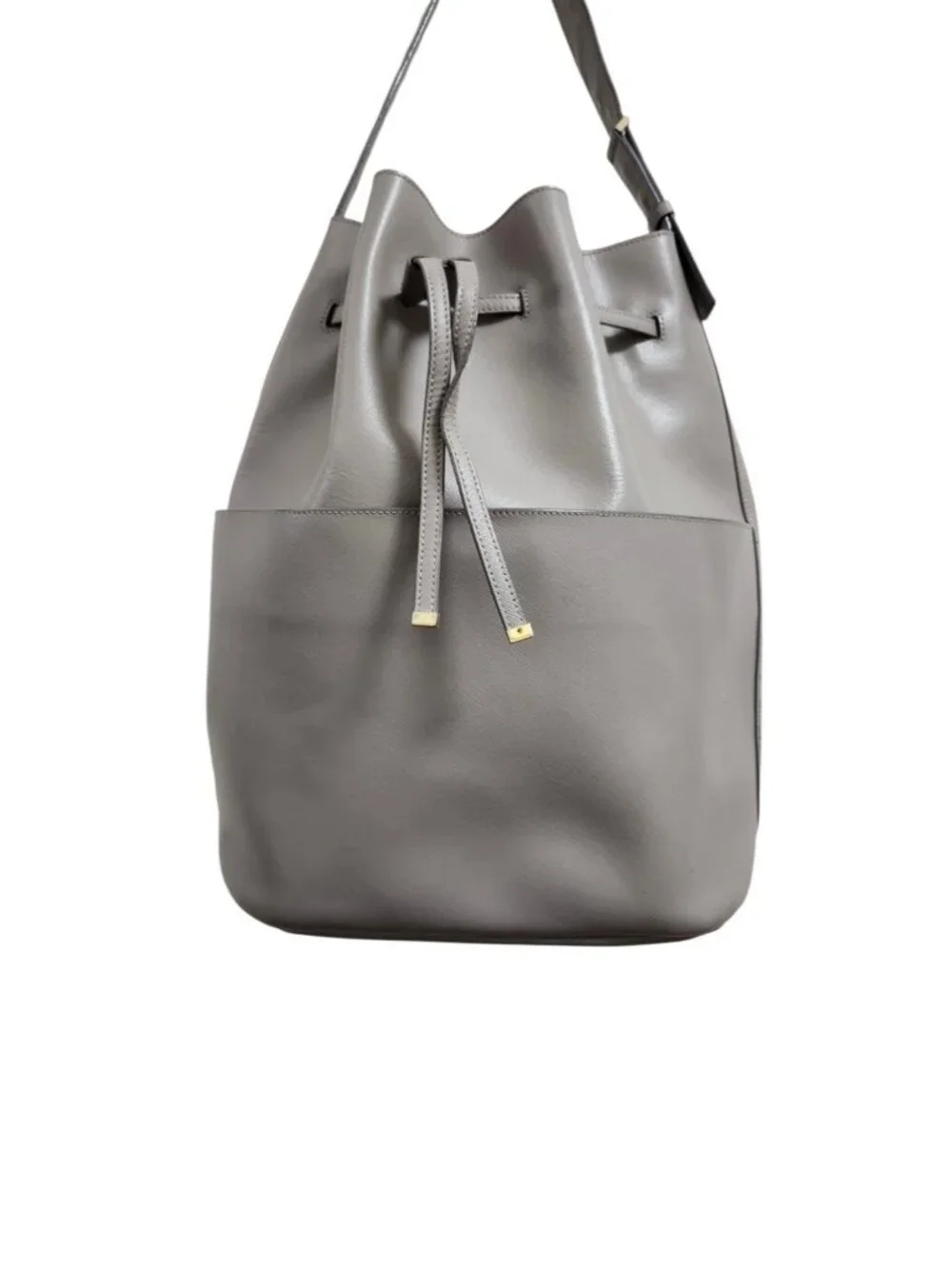 Cuyana Gray Saffiano Leather Bucket Bag Drawstring Shoulder Tote